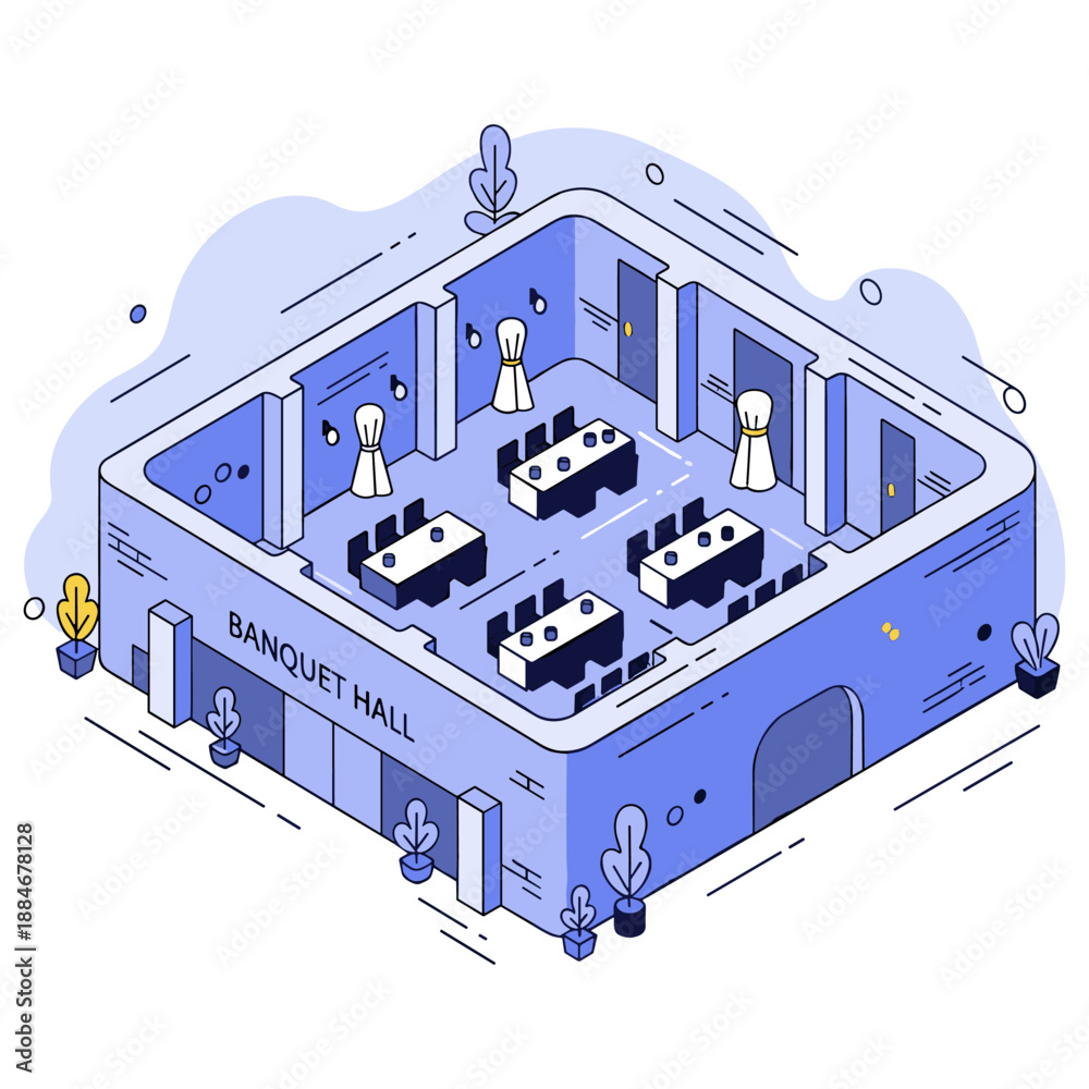 Fototapeta premium Isometric illustration of a modern banquet hall interior with tables and chairs. No editable stroke