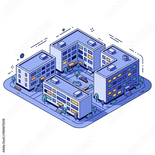 Isometric urban apartment complex with courtyard and trees. No editable stroke