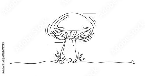 Minimalist line art of a mushroom with grass on white background. No editable strokes
