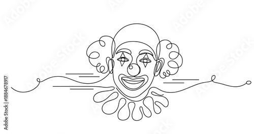 Continuous line drawing of clown face with curly hair and large collar. No editable strokes