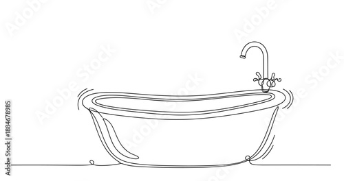 Continuous line drawing of bathtub with faucet in minimalist style. No editable strokes