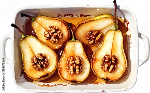 Watercolor illustration of baked pears drizzled with honey syrup