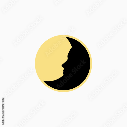Minimalist moon and human face profile silhouette in a yellow circle, symbolizing dreams, night, or inner thought.
