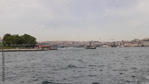 A view of the Bosphorus Strait in Istanbul, Turkey, featuring boats on the water and cityscape in background.