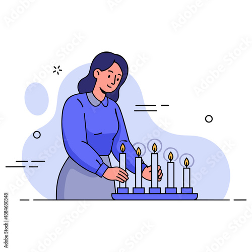 Illustration of woman lighting candles in calm setting