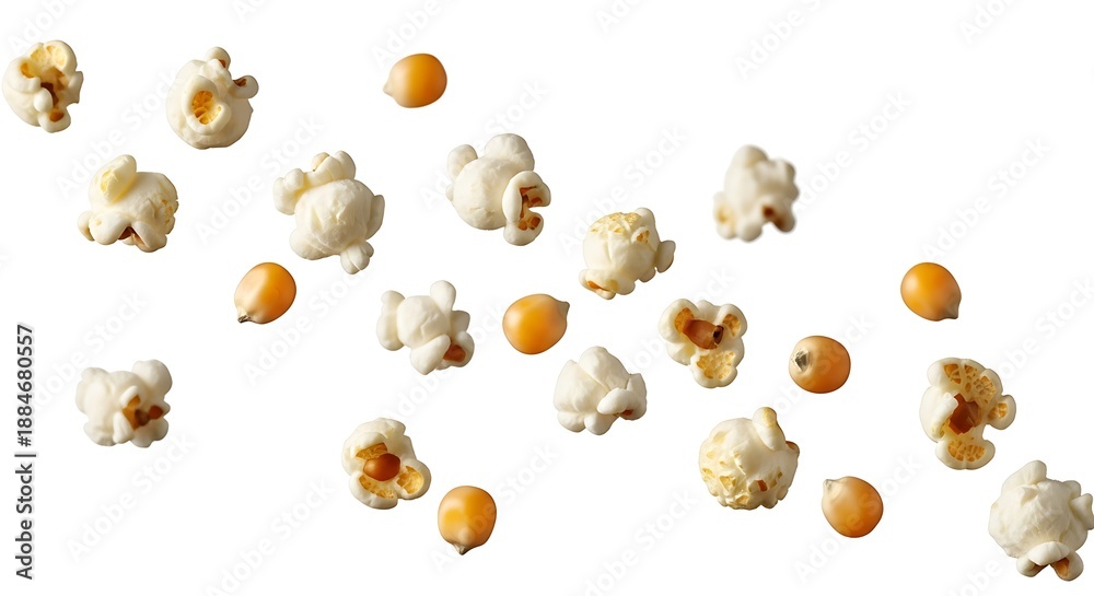 Obraz premium Scattered popcorn kernels and fluffy popped corn pieces floating against a white background