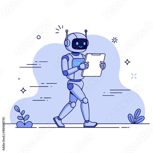Cute blue robot reading document amidst plants and abstract shapes