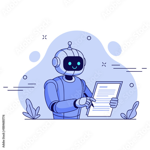 Friendly robot reading document with smiling face in futuristic setting