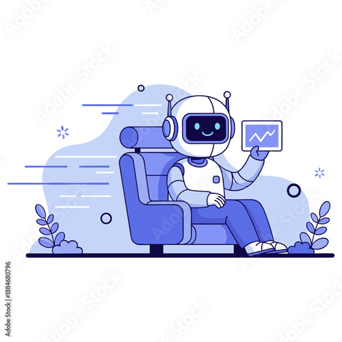 Cute robot analyzing data on tablet while sitting in armchair