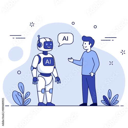 Male human and robot interaction in blue tones