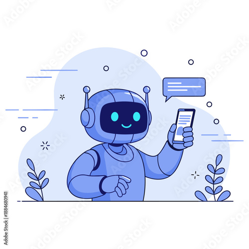 Friendly robot engaging with smartphone in nature-themed digital illustration