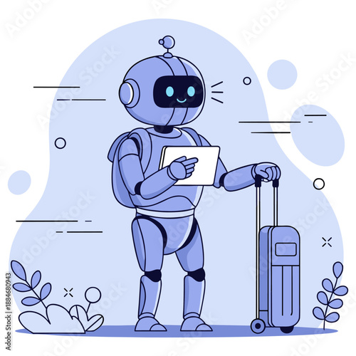 Smiling robot holding tablet and suitcase in minimalistic illustration