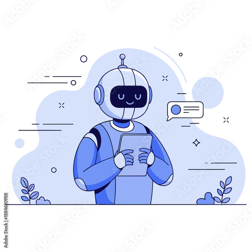 Friendly robot interacting with device: futuristic ai technology concept