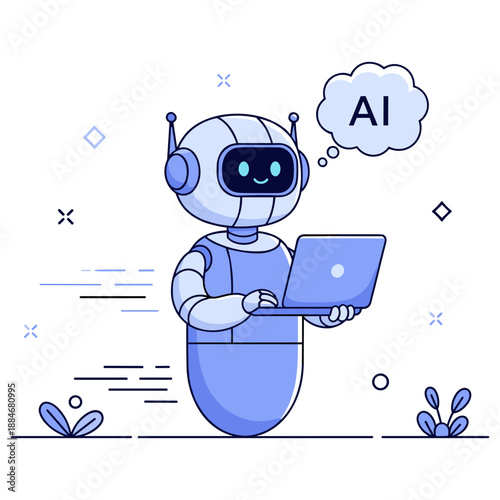 Cute ai robot using laptop with thought bubble in blue tones