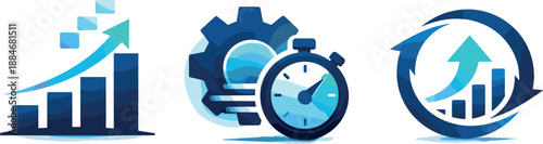 Scalable Operations Icons. End-to-end operations ecosystem expressed through scalability, efficiency, and continuous improvement