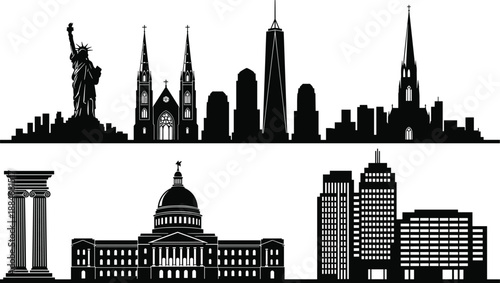 American city skyline silhouette illustration featuring iconic landmarks architecture and urban buildings isolated on white background black vector design