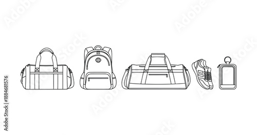 Collection of travel bags with backpack, duffle bags, sneakers, and water bottle