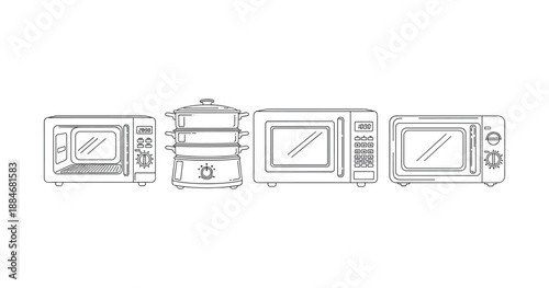 Outline of microwave, food steamer, and oven in a row