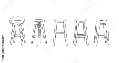 Set of five diverse bar stools in line art illustration on white background