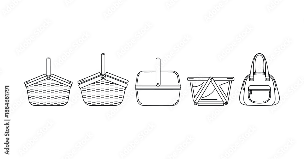Fototapeta premium Set of picnic baskets and handbag line art illustrations