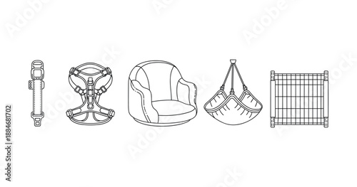 Pet care essentials: collar, harness, bed, carrier, gate line art illustration