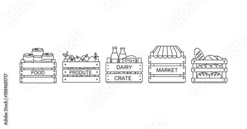 Line art illustration of food and market crates with dairy and produce