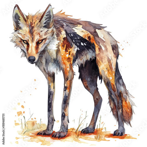 Jackal, semi-realistic fantasy illustration, gentle magical details, watercolor painting, isolated on white