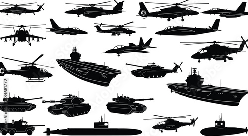 Military vehicle silhouette set featuring helicopters fighter jets tanks submarines and aircraft carriers isolated on white background vector illustration