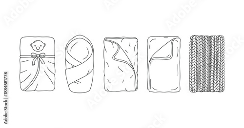 Set of baby swaddles and blanket designs in black and white outline