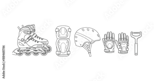 Inline skating gear: rollerblades, protective pads, helmet, gloves, skate tool