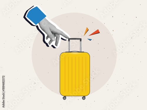 Black and white hand touches a yellow suitcase. Travel concept. Modern collage style. Vector illustration