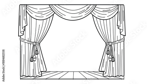 Theater stage illustration with open curtains tassels and wooden floor in black and white line art