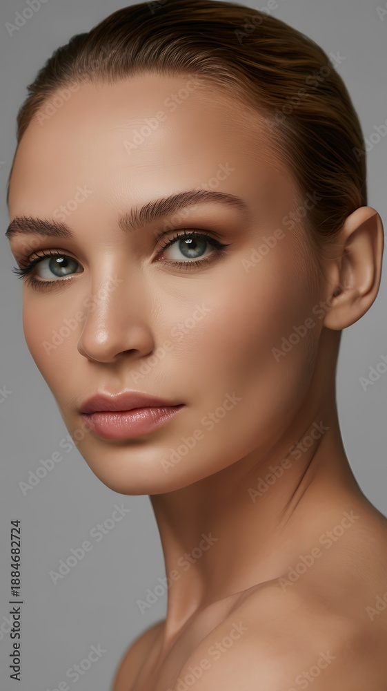 Naklejka premium Close-up portrait of a woman with a confident expression, neutral background, soft professional studio lighting, Vogue editorial style, sharp 8k details.