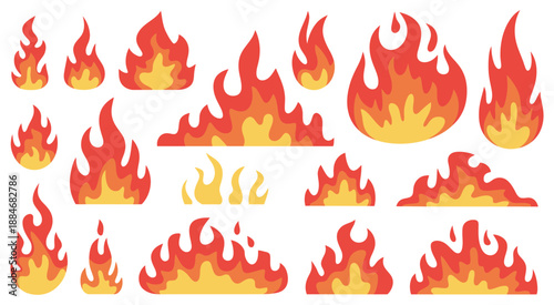Fire vector icon set including bonfire, wildfire, and burning torch illustrations, red hot flames, fireballs, flammable hazard symbols, and firewall effects, perfect for safety