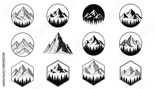 Collection of stylized mountain logo designs with trees and varied shapes in black and white