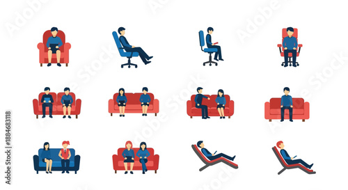 various people sitting in chairs and sofas flat vector icons depicting different seating positions