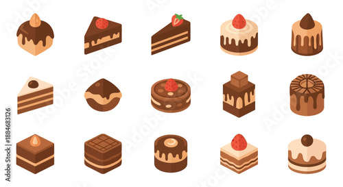 various chocolate cakes slices and desserts displayed in an isometric illustration style