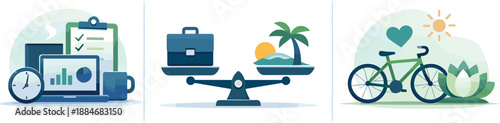 Work-Life Balance Icons. Employee well-being scene illustrated via boundaries between work responsibilities and personal life