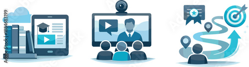 Digital Education Icons. Online education framework depicted through course libraries, digital classrooms, and learner engagement