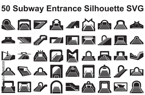 Collection of 50 subway entrance silhouettes isolated on white background