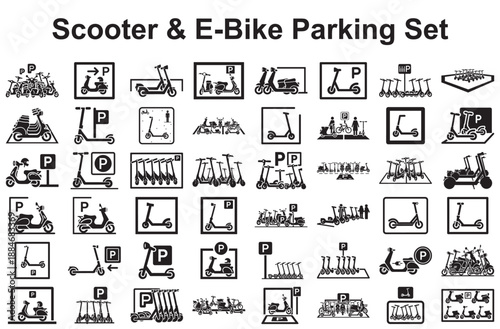 Various scooter and e-bike parking solutions isolated on white background