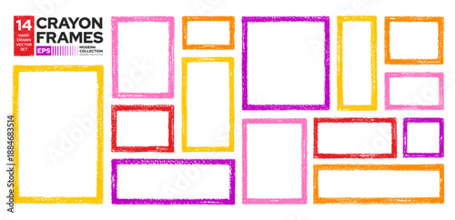 Crayon children frame. Hand drawn square and rectangle box border. Crayon, pastel, pencil children frames pattern. Line text photo doodle box set. Backdrop drawing png. Irregular red pink color shape