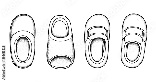 Vintage sketch of various footwear styles: top and side views