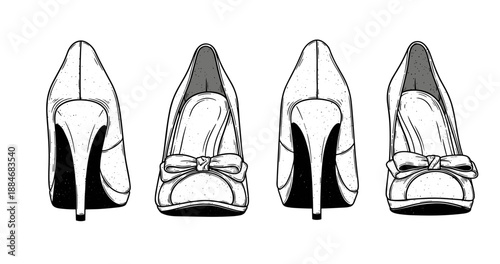 Four high heeled shoes with bows in classic black and white art