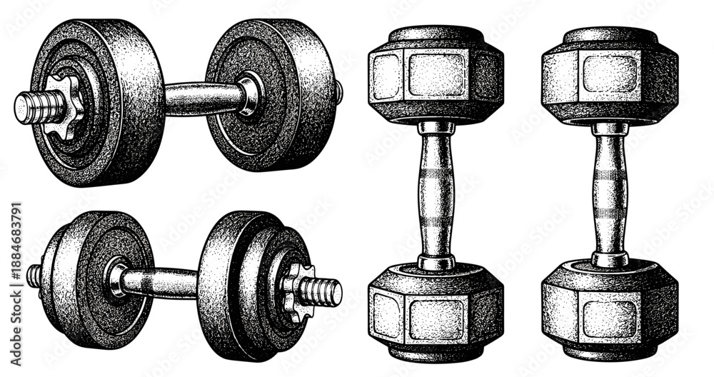 Naklejka premium Vintage dumbbells collection: classic fitness equipment in detailed black and white illustrations