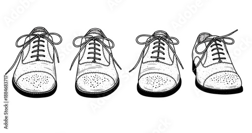 Four classic leather dress shoes with laces in black and white line art