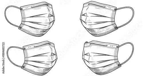 Sketch of facemasks in various angles with elastic ear loops