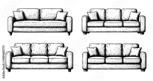 Hand-drawn sofa set: vintage couch illustrations with cushions and armrests