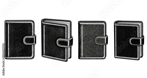 Monochrome sketch of four closed wallets with snap closures in different angles