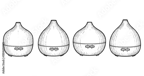 Set of four wooden essential oil diffusers with control buttons on white background